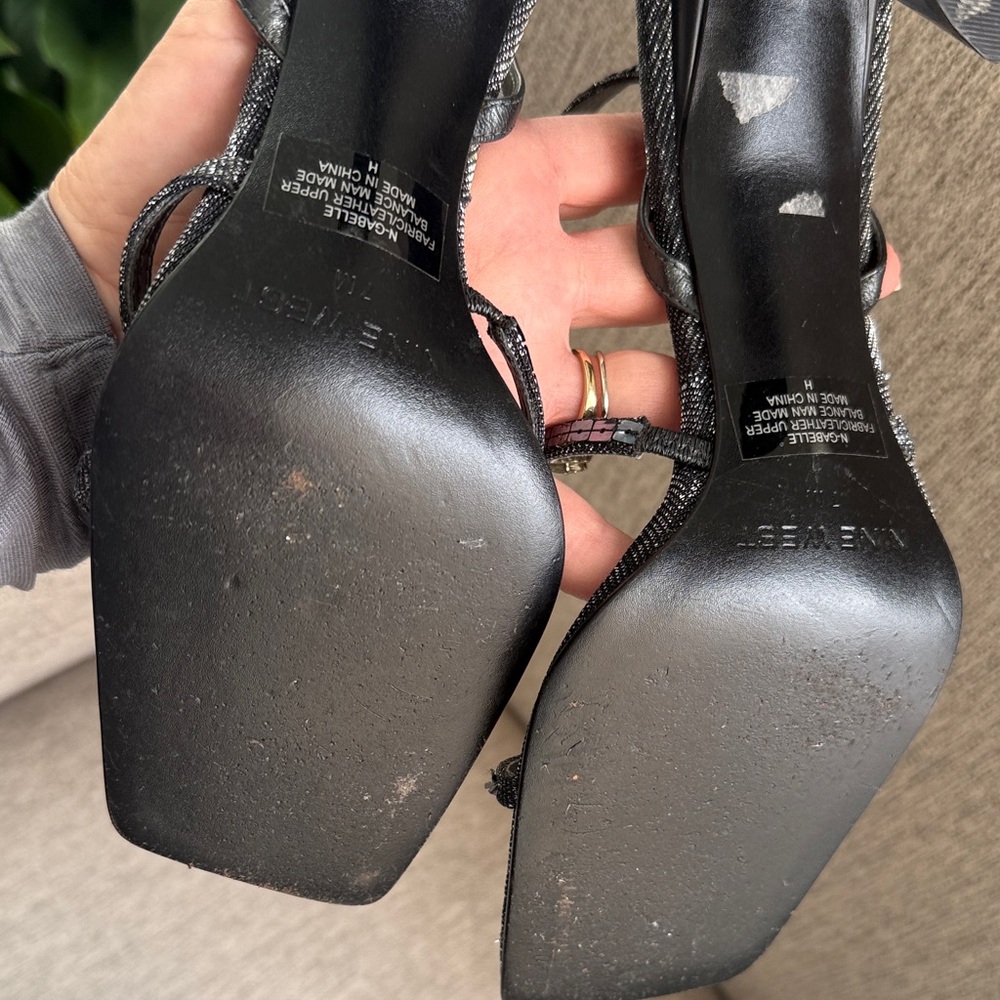 Vintage Nine West Strappy Heels Square Sequin Gun Metal Pewter Gray Black Sz 7 - Picture 7 of 17